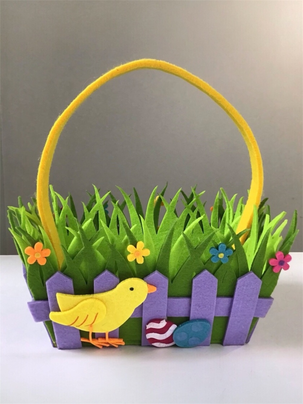 Felt Easter Basket Layered Cutouts Chick Eggs Grass Fence Flowers Spring Decor